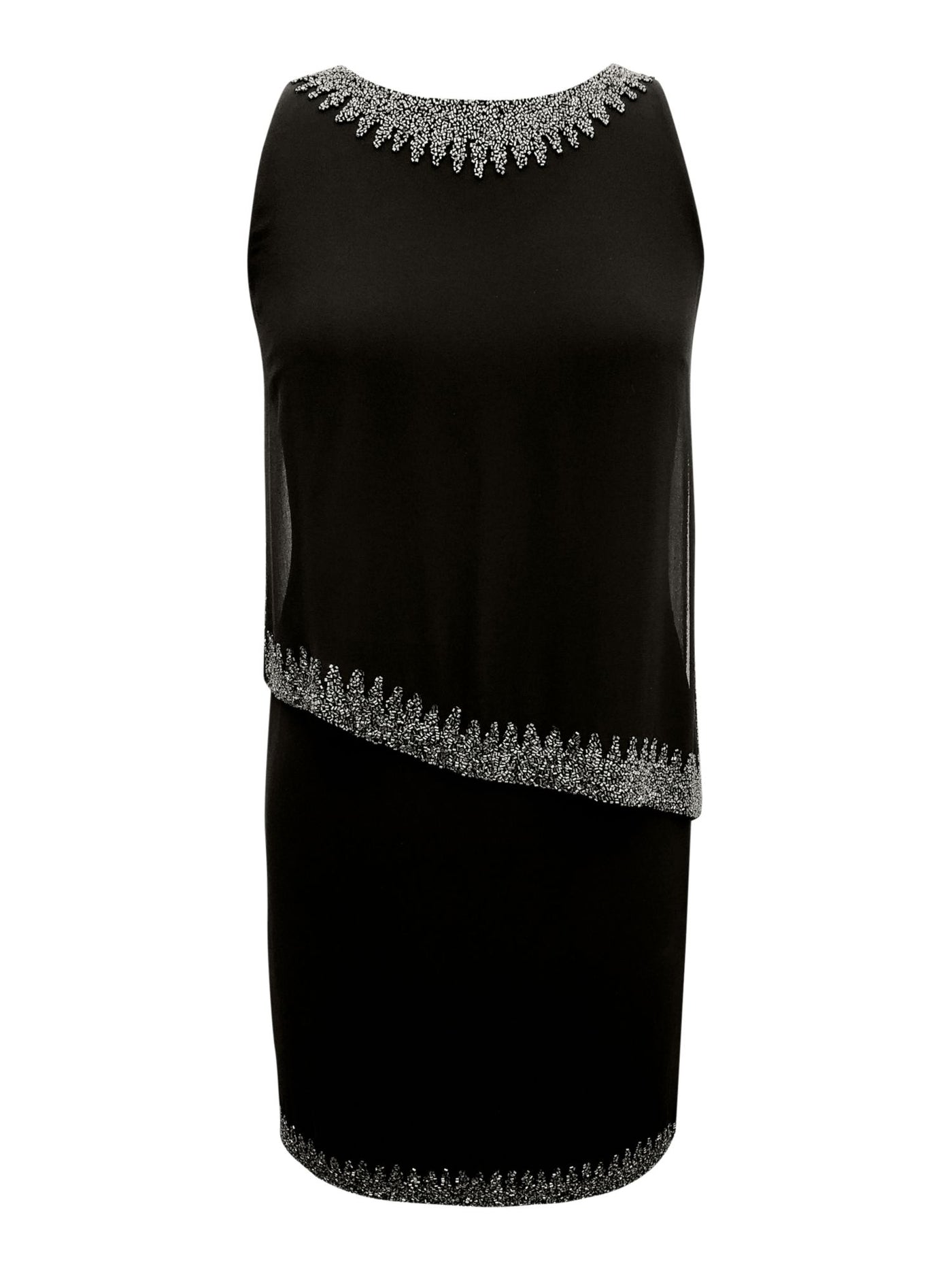 JKARA Womens Black Beaded Sheer Asymmetrical Popover Lined Sleeveless Round Neck Knee Length Cocktail Sheath Dress 6