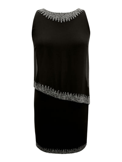 JKARA Womens Black Beaded Sheer Asymmetrical Popover Lined Sleeveless Round Neck Knee Length Cocktail Sheath Dress 6