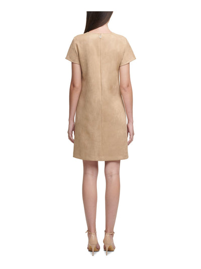 TOMMY HILFIGER Womens Beige Faux Suede Short Sleeve Jewel Neck Above The Knee Shift Dress 10