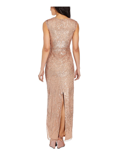 ADRIANNA PAPELL Womens Beige Sequined Zippered Gown Sleeveless Cowl Neck Full-Length Formal Dress 2
