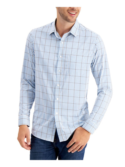 CLUBROOM Mens Blue Lightweight, Gradient Check Classic Fit Button Down Performance Stretch Casual Shirt S