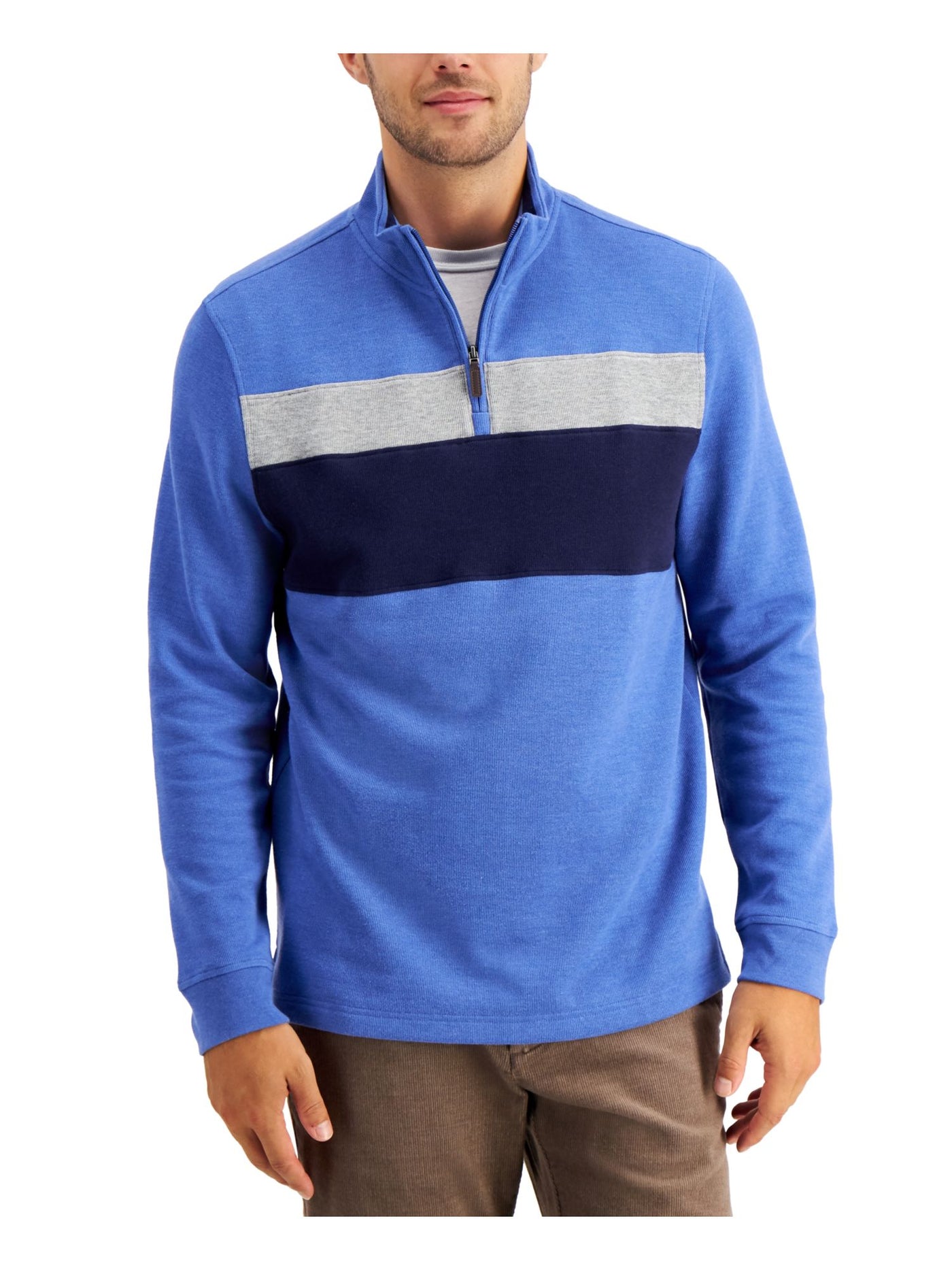 CLUBROOM Mens Blue Color Block Mock Classic Fit Quarter-Zip Cotton Blend Pullover Sweater S