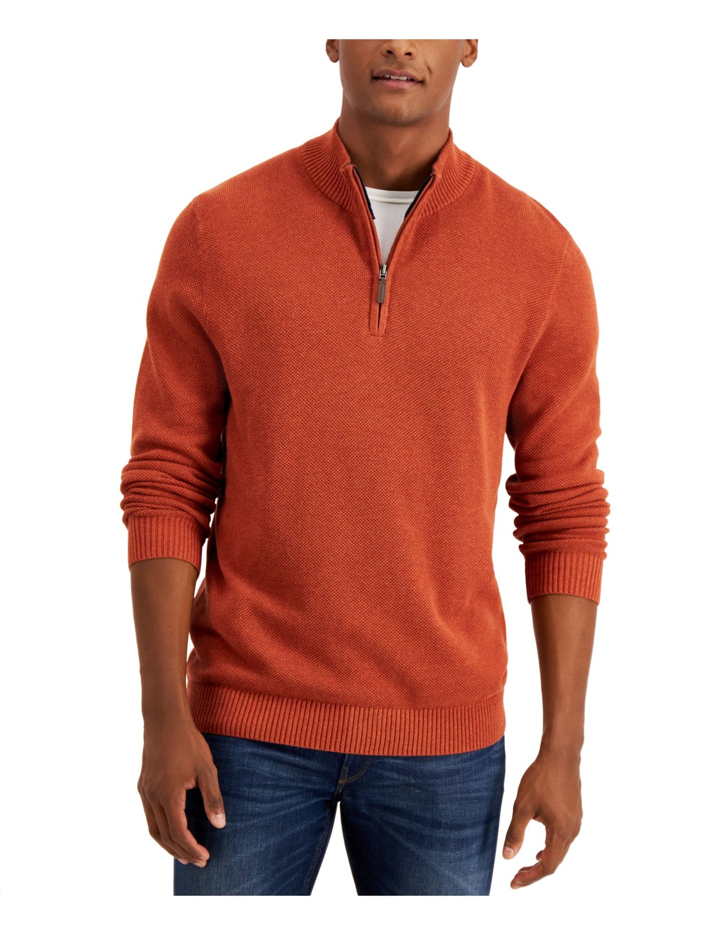 CLUBROOM Mens Orange Stand Collar Quarter-Zip Cotton Pullover Sweater S