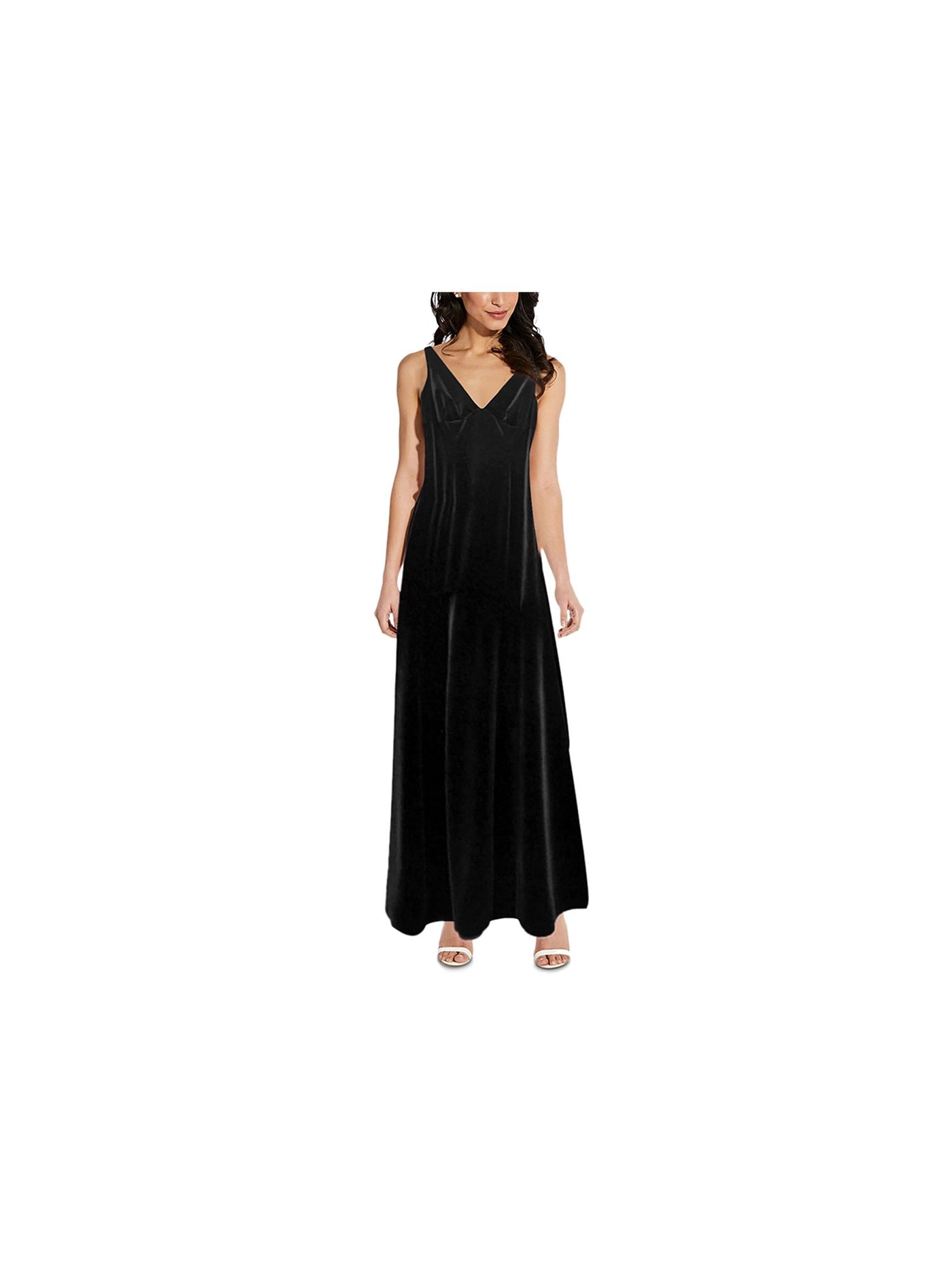 ADRIANNA PAPELL Womens Black Velvet Sleeveless V Neck Maxi Evening A-Line Dress 4