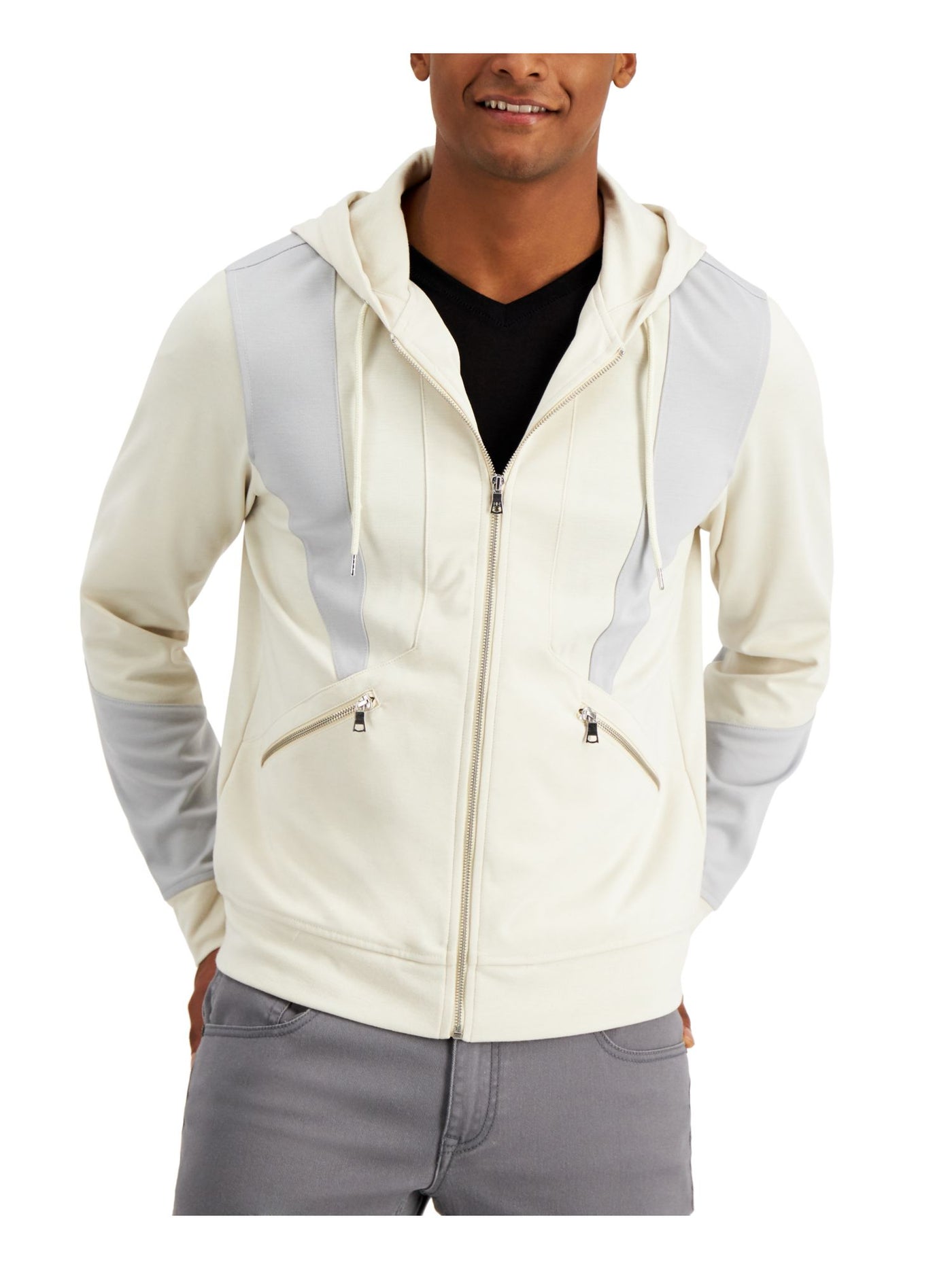 INC Mens Beige Color Block Long Sleeve Full Zip Sweatshirt XS