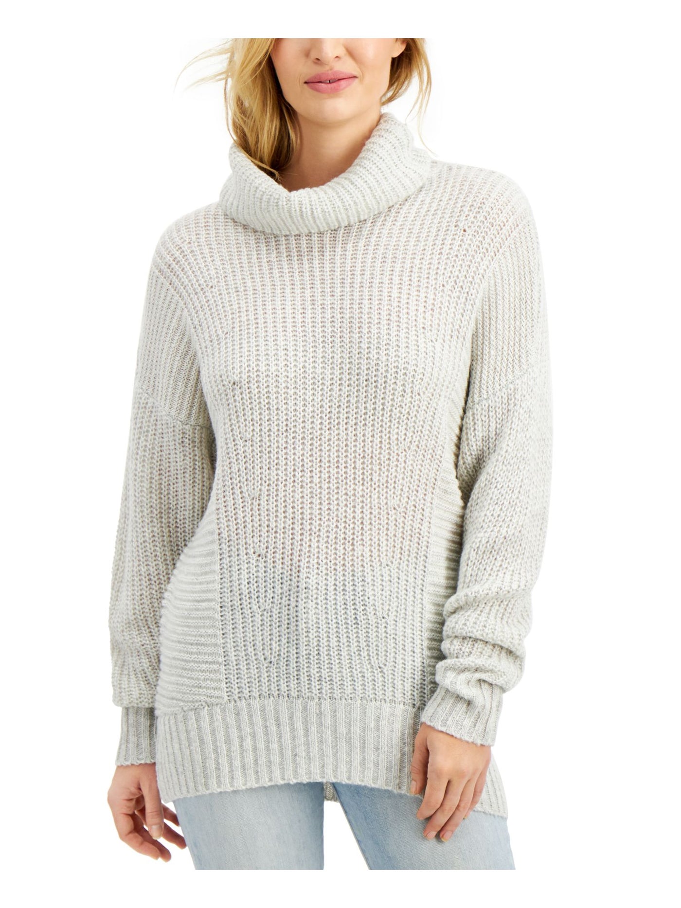 FRESHMAN Womens Gray Ribbed Drop-shoulder Long Sleeve Cowl Neck Tunic Sweater Juniors M