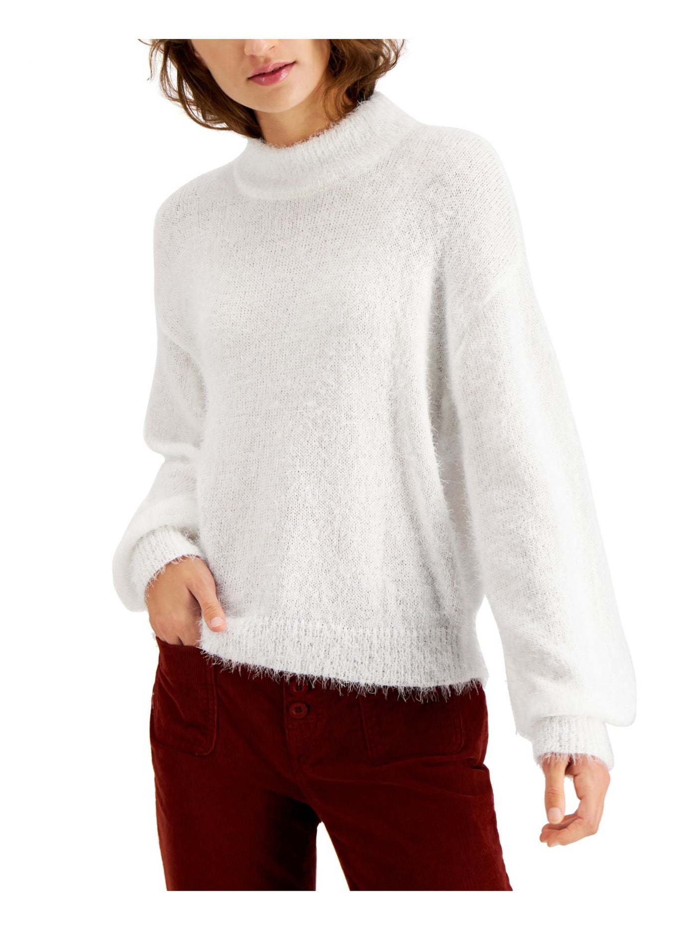 HOOKED UP Womens White Mock Neck Balloon-sleeve Eyelash Sweater Size: XL