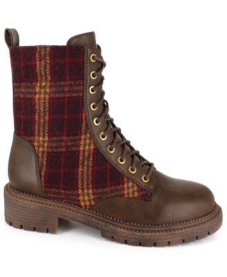 Rock &Candy Womens Brown Plaid Side Zip Quilted Round Toe Stacked Heel Lace-Up Combat Boots 10