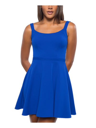 B DARLIN Womens Blue Pleated Semi Open Back Sleeveless Scoop Neck Above The Knee Party A-Line Dress Juniors 11\12