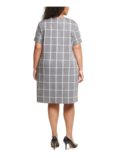 TOMMY HILFIGER Womens Gray Plaid Short Sleeve Jewel Neck Knee Length Shift Dress S