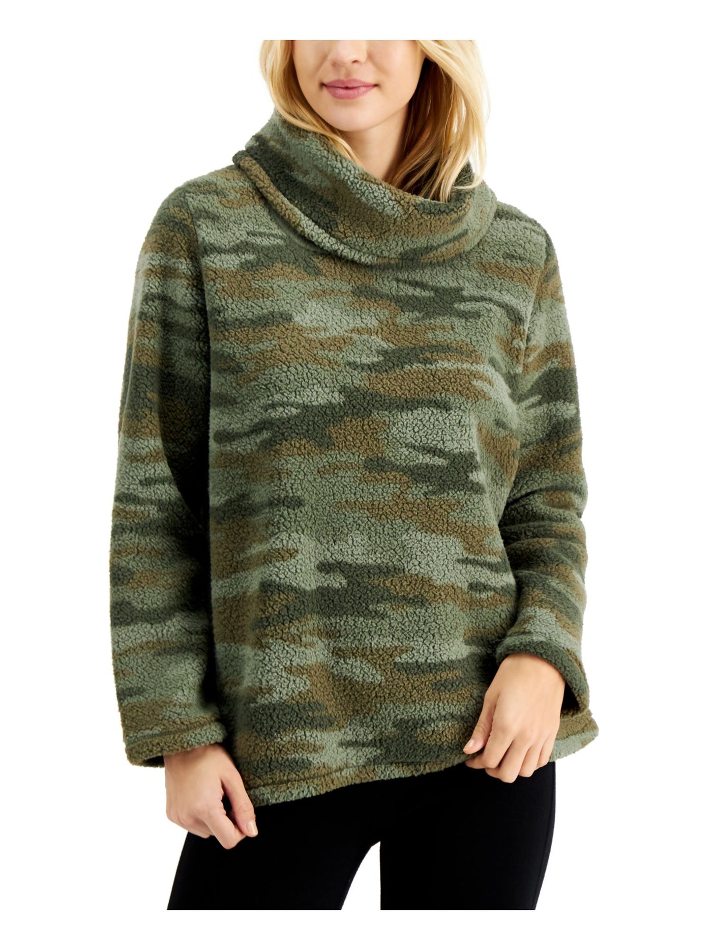 STYLE & COMPANY Womens Green Camouflage Long Sleeve Cowl Neck Sweater S