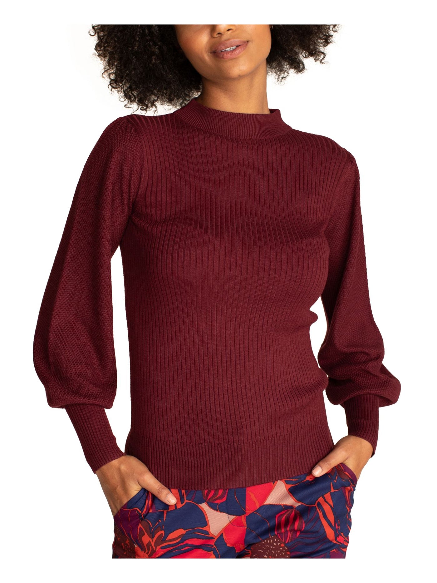 TRINA TURK Womens Burgundy Dolman Sleeve Mock Sweater Size: S
