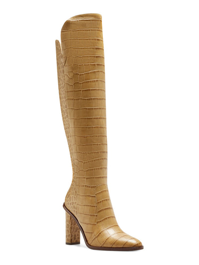 VINCE CAMUTO Womens Gold Croc Embossed Over The Knee Asymmetrical Cushioned Palley Pointed Toe Block Heel Zip-Up Leather Heeled Boots 6.5 M