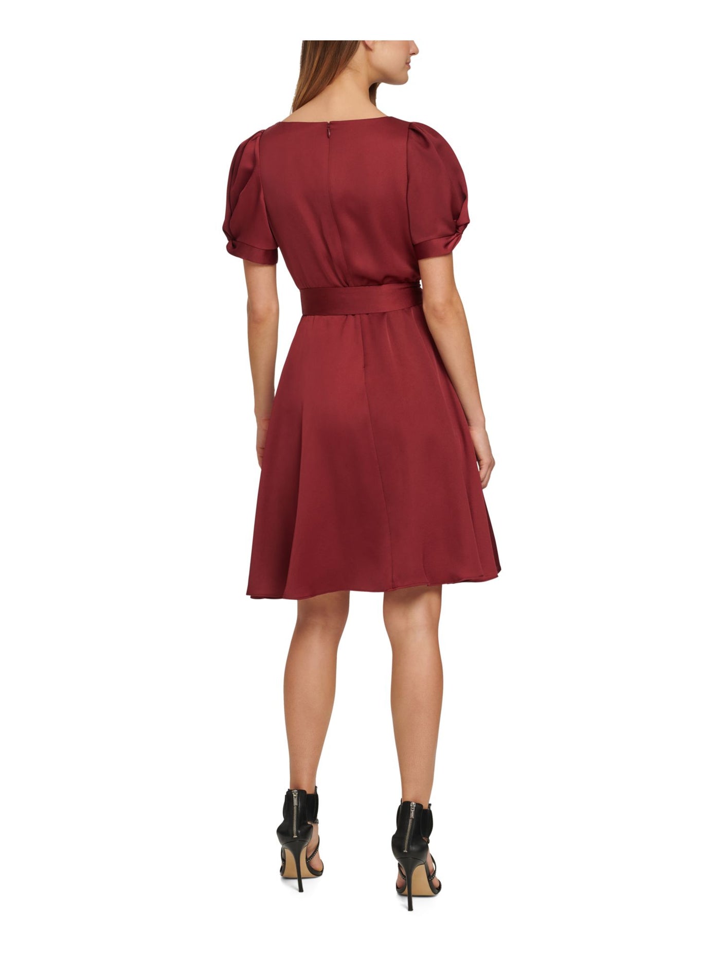 DKNY Womens Maroon Belted Zippered Pouf Sleeve Surplice Neckline Above The Knee Evening Fit + Flare Dress 4
