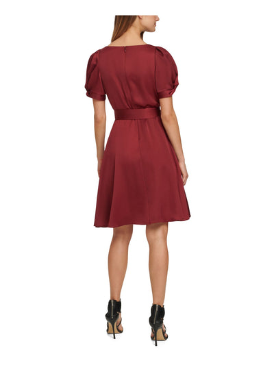 DKNY Womens Maroon Belted Zippered Pouf Sleeve Surplice Neckline Above The Knee Evening Fit + Flare Dress 4