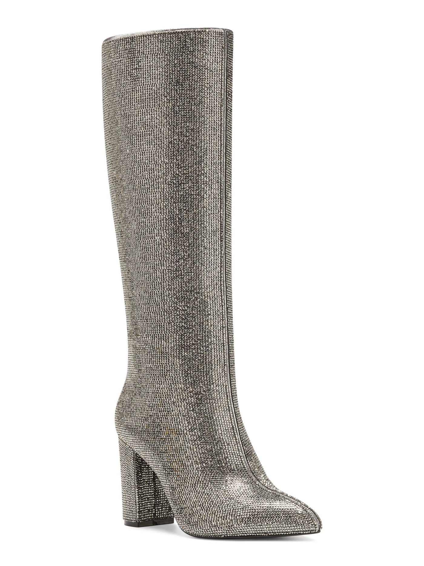 INC Womens Silver Rhinestone Pointed Toe Block Heel Zip-Up Heeled Boots 6.5