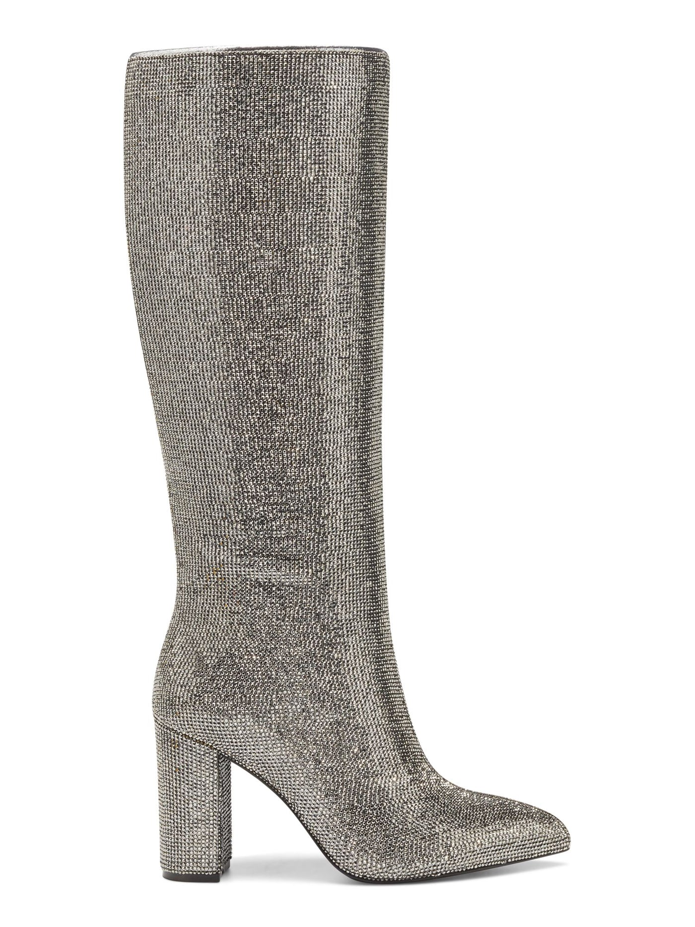 INC Womens Silver Rhinestone Pointed Toe Block Heel Zip-Up Heeled Boots 5.5