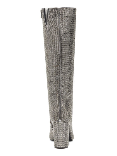 INC Womens Silver Rhinestone Pointed Toe Block Heel Zip-Up Heeled Boots 5