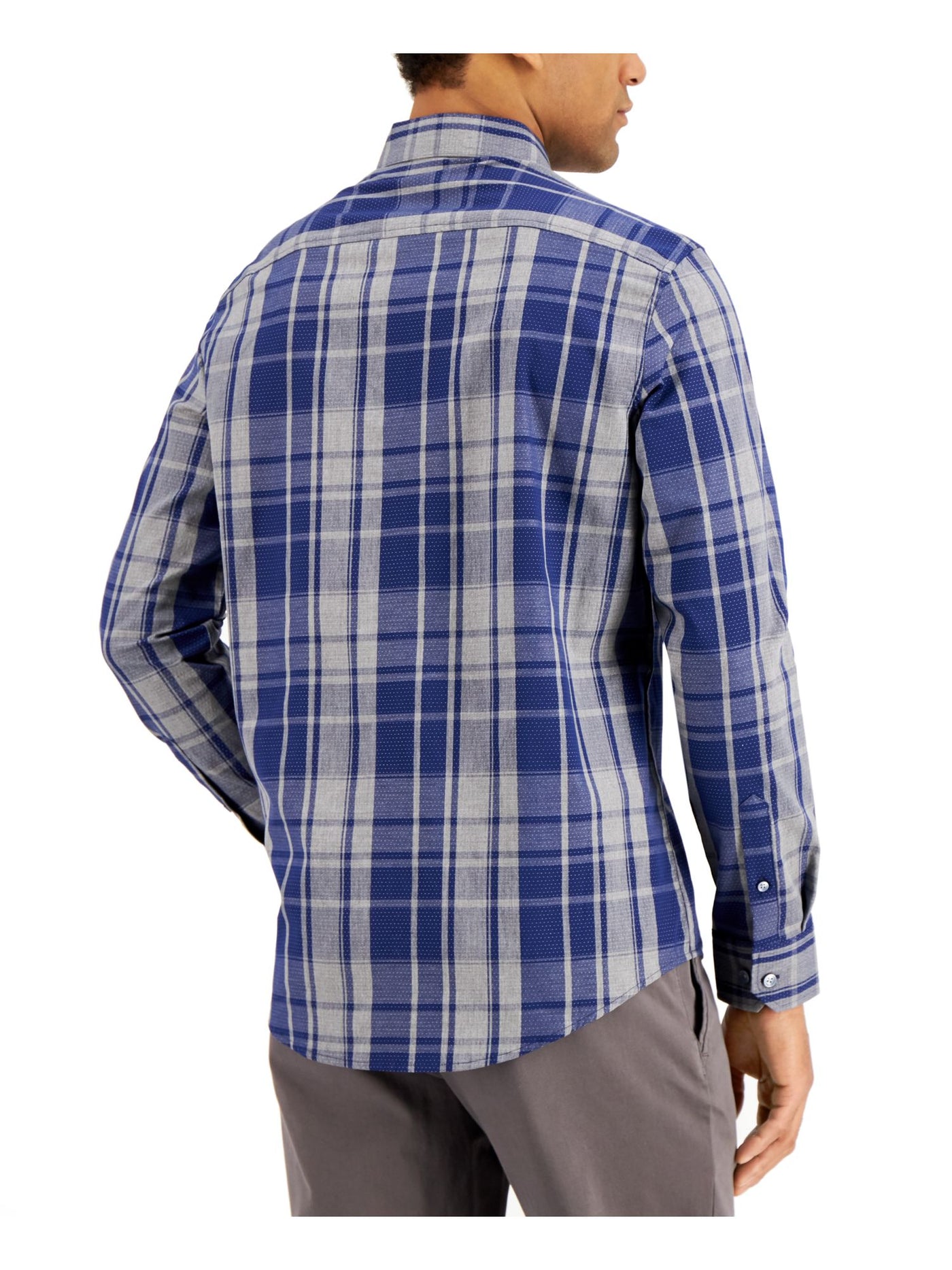 TASSO ELBA Mens Navy Windowpane Plaid Long Sleeve Classic Fit Button Down Cotton Casual Shirt S