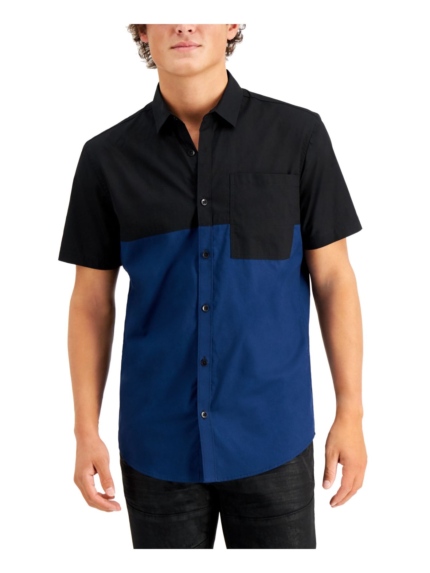 INC Mens Black Color Block Short Sleeve Classic Fit Button Down Cotton Casual Shirt XS