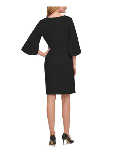 DKNY Womens Black D Side Clip Petal Sleeve Surplice Neckline Above The Knee Faux Wrap Dress 2