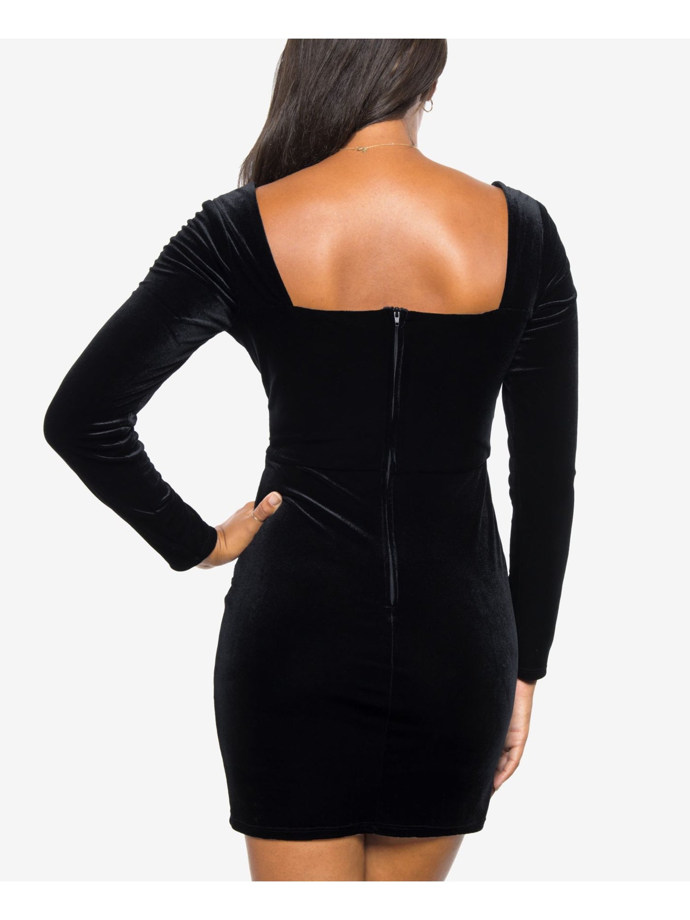B DARLIN Womens Black Long Sleeve Square Neck Mini Evening Body Con Dress Juniors 3\4