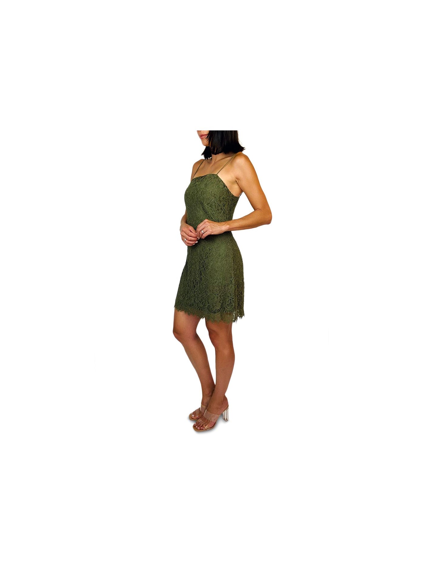 TRIXXI Womens Green Lace Zippered Lined Spaghetti Strap Square Neck Above The Knee Party Shift Dress Juniors M