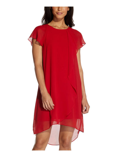 ADRIANNA PAPELL Womens Red Sheer Keyhole Hook-and-eye Closure Short Sleeve Jewel Neck Knee Length Evening Shift Dress XS