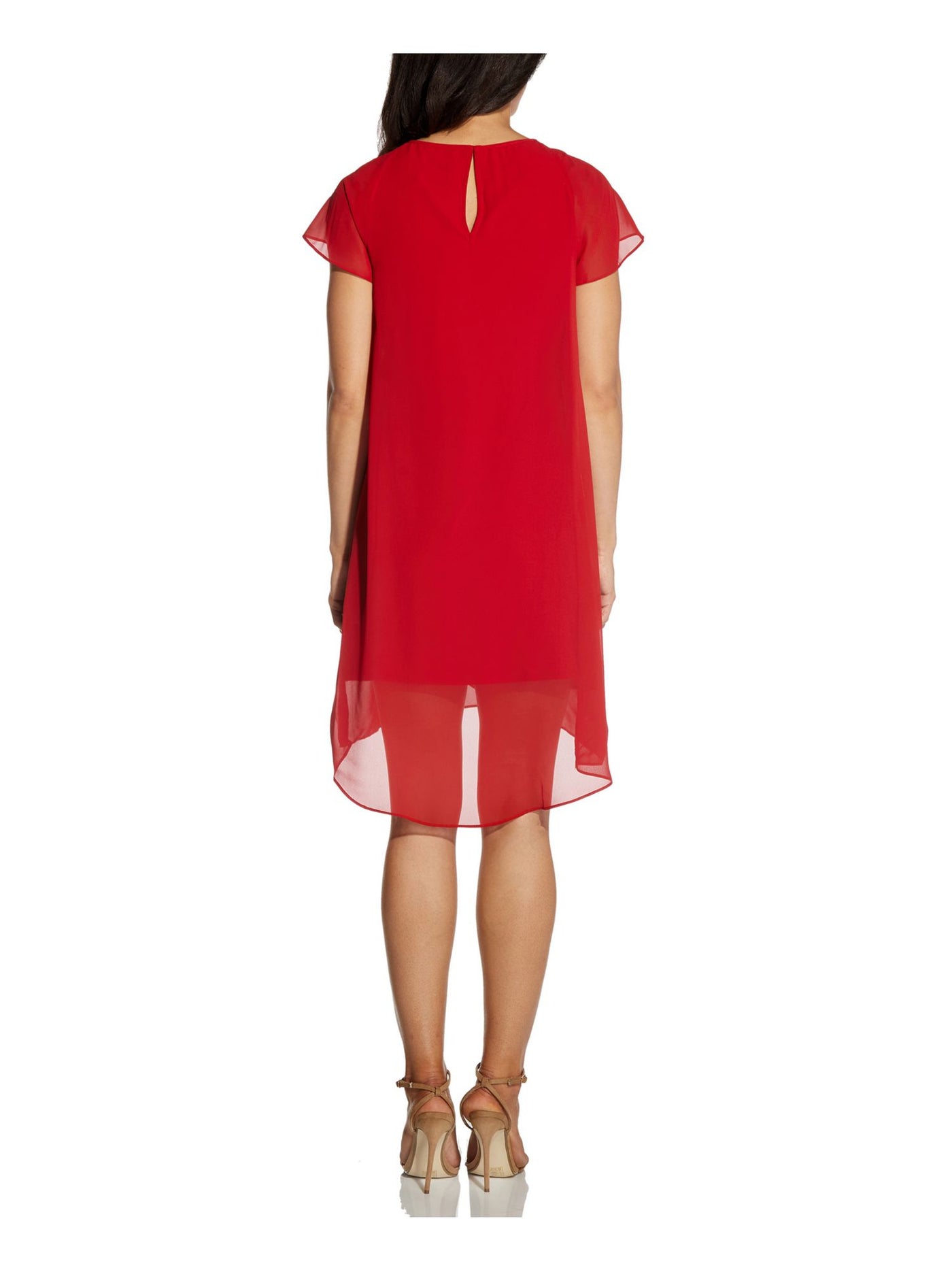 ADRIANNA PAPELL Womens Red Sheer Keyhole Hook-and-eye Closure Short Sleeve Jewel Neck Knee Length Evening Shift Dress XS