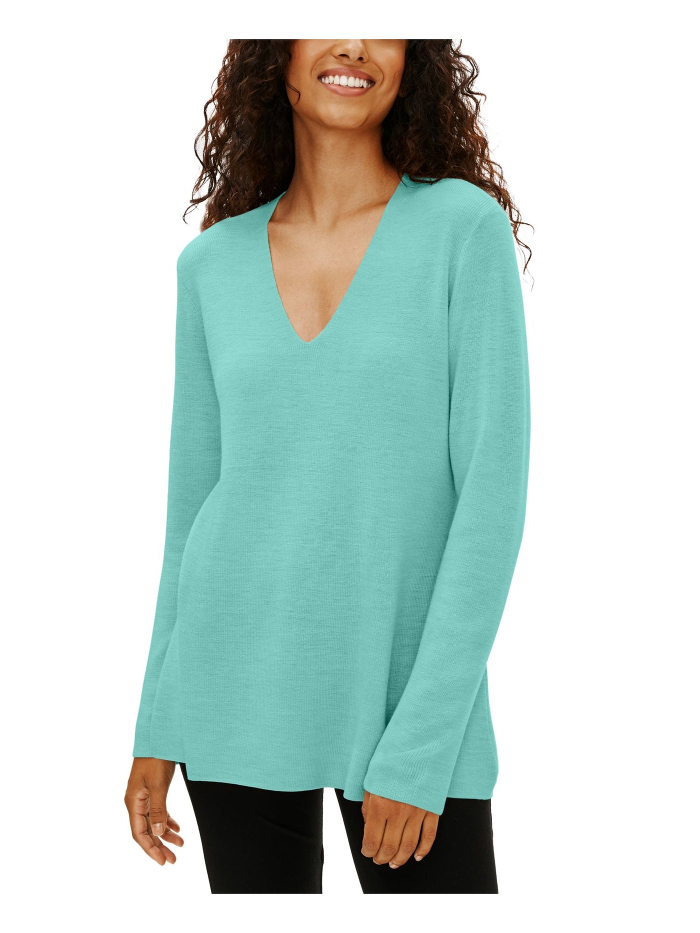 EILEEN FISHER Womens Green Long Sleeve V Neck Sweater Petites S\P