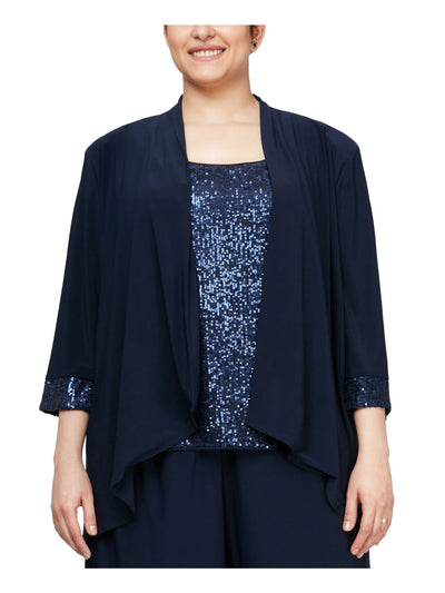 ALEX EVENINGS Womens Navy Embellished 3/4 Sleeves Open Front Evening Jacket Plus 1X