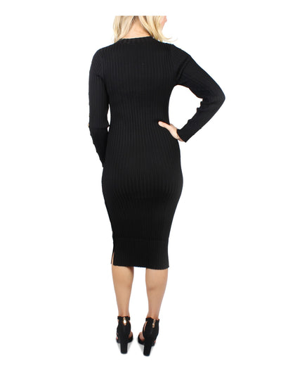 CRYSTAL DOLLS Womens Black Ribbed Button Detail Long Sleeve Crew Neck Midi Evening Sweater Dress Juniors M