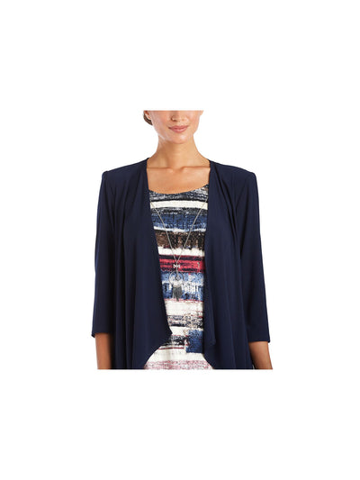 R&M RICHARDS Womens Navy Stretch Sheer Draped Front Shoulder Pads 3/4 Sleeve Open Cardigan Top 12