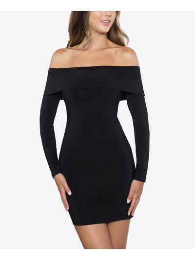 B DARLIN Womens Black Fold Over Long Sleeve Off Shoulder Mini Cocktail Body Con Dress Juniors 5\6