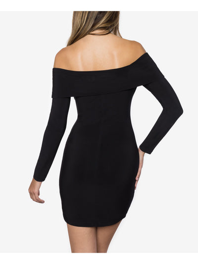 B DARLIN Womens Black Fold Over Long Sleeve Off Shoulder Mini Cocktail Body Con Dress Juniors 9\10