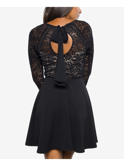 B DARLIN Womens Black Lace Zippered 3/4 Sleeve Jewel Neck Short Party Fit + Flare Dress Juniors 0
