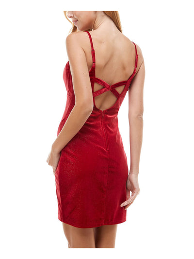 CITY STUDIO Womens Red Glitter Zippered Velvet Spaghetti Strap V Neck Short Party Body Con Dress Juniors 11