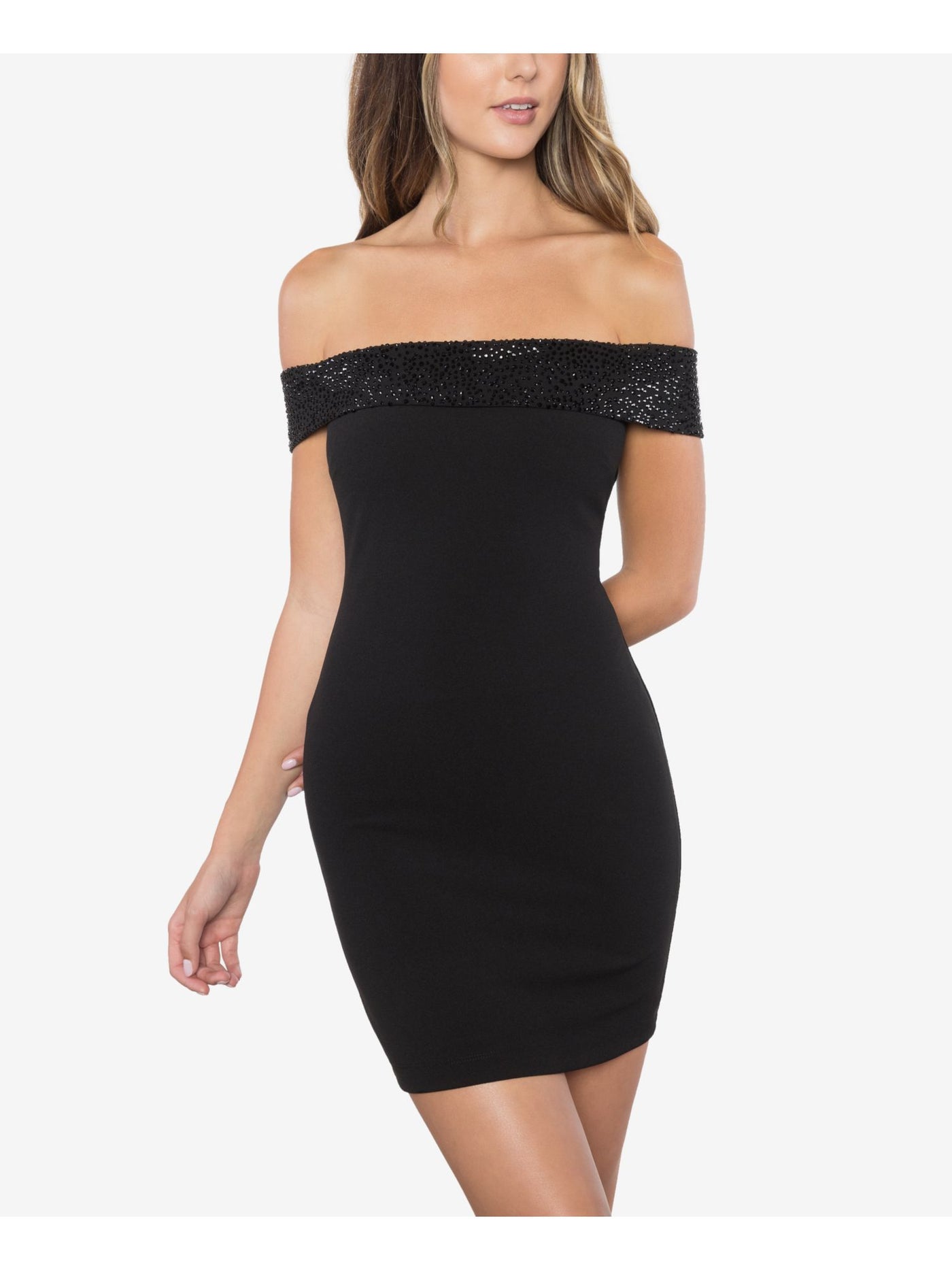 B DARLIN Womens Black Embellished Sleeveless Off Shoulder Mini Cocktail Body Con Dress Juniors 15\16