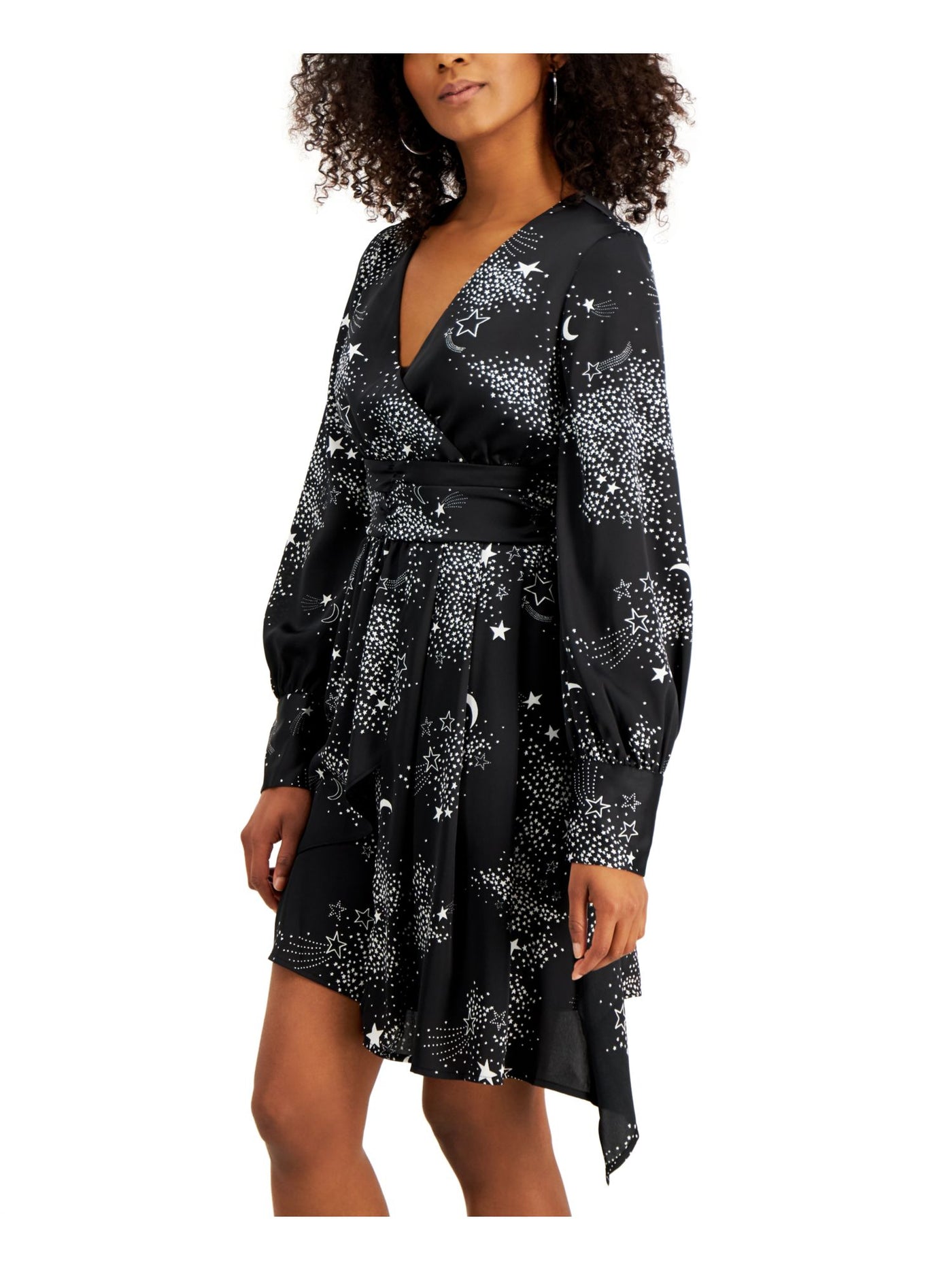 BAR III Womens Black Moon And Stars Printed Long Sleeve Surplice Neckline Short Party Faux Wrap Dress 14