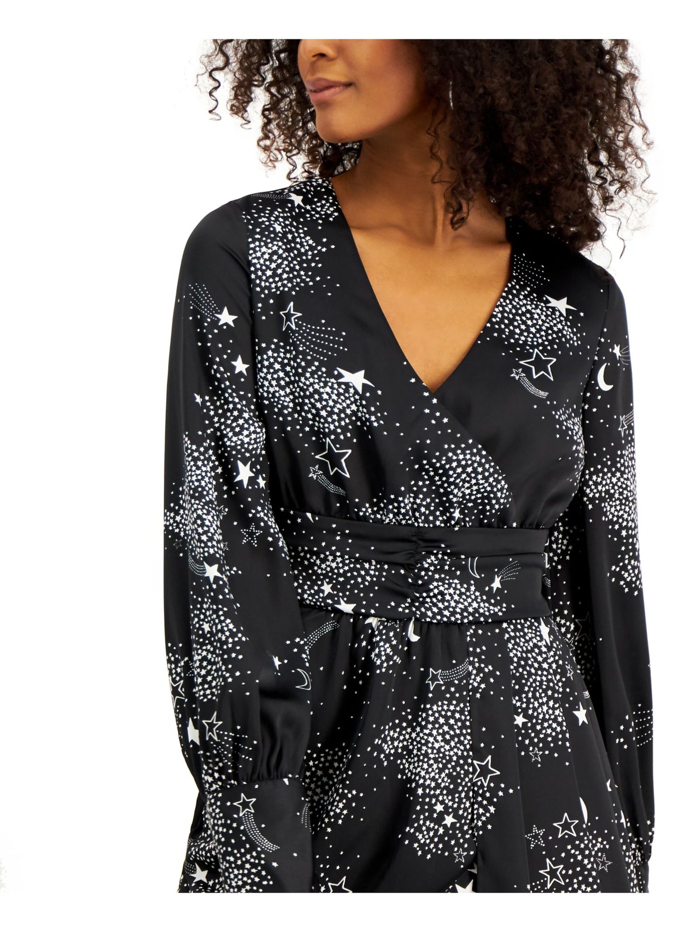 BAR III Womens Black Moon And Stars Printed Long Sleeve Surplice Neckline Short Party Faux Wrap Dress 12