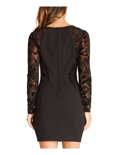 BCX DRESS Womens Black Sheer Embroidered Zippered Long Sleeve Jewel Neck Short Cocktail Body Con Dress Juniors 7