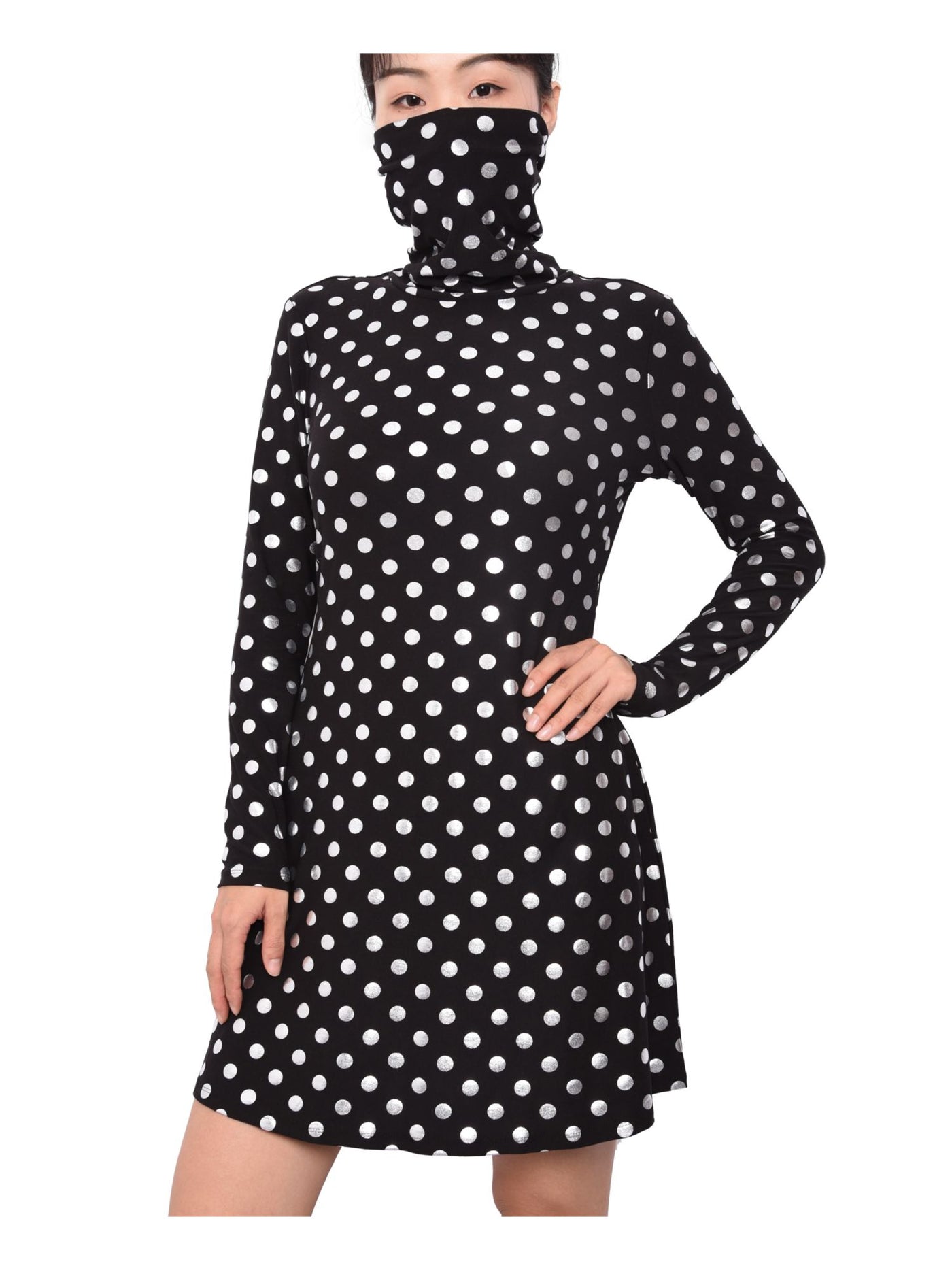 PLANET GOLD Womens Black Polka Dot Long Sleeve Turtle Neck Above The Knee Fit + Flare Dress XS