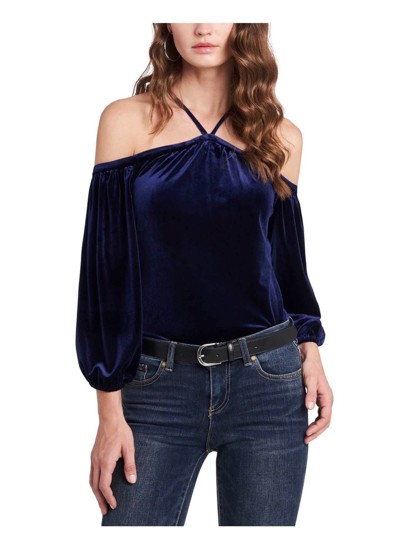 1. STATE Womens Navy Cold Shoulder Velvet Relaxed Fit Long Sleeve Halter Evening Top XXS
