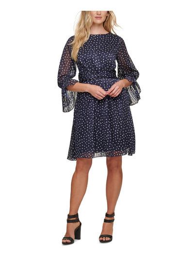 DKNY Womens Navy Ruffled Zippered Cinched Waist Polka Dot Balloon Sleeve Crew Neck Above The Knee Party Fit + Flare Dress 14