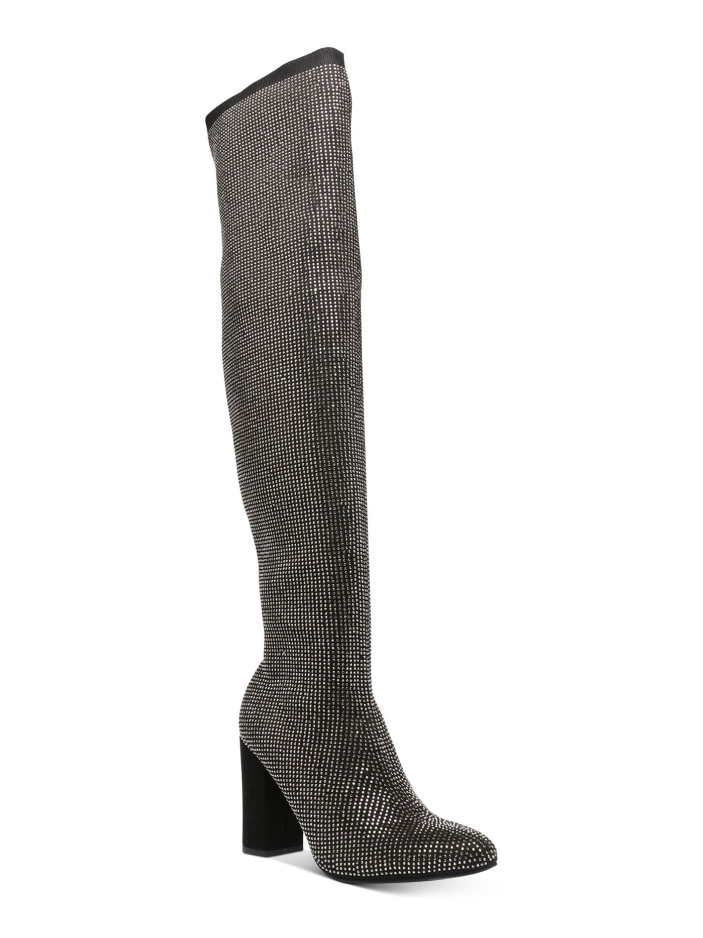 WILD PAIR Womens Black Rhinestone Covered Cushioned Bravy Pointed Toe Block Heel Zip-Up Dress Boots 5