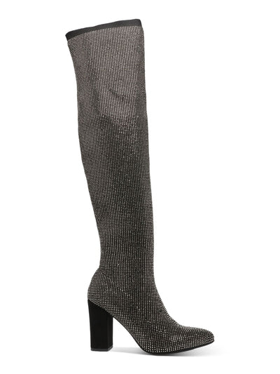 WILD PAIR Womens Black Rhinestone Covered Cushioned Bravy Pointed Toe Block Heel Zip-Up Dress Boots 9.5