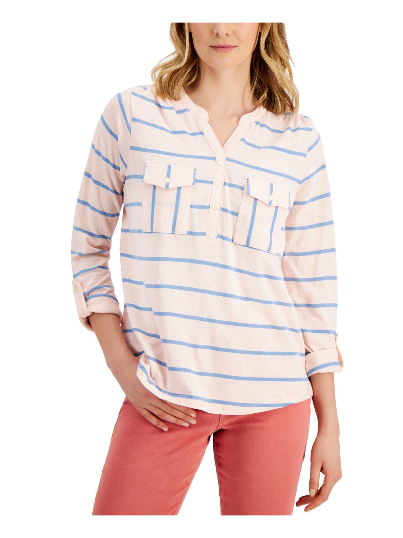 STYLE & COMPANY Womens Pink Pocketed Curved Hem Striped Roll-tab Sleeve Split Top S