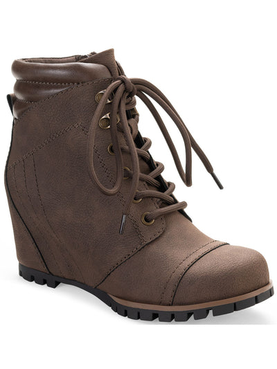 SUN STONE Womens Brown Side Zip Lug Sole Cushioned Lizzie Round Toe Wedge Lace-Up Booties 9