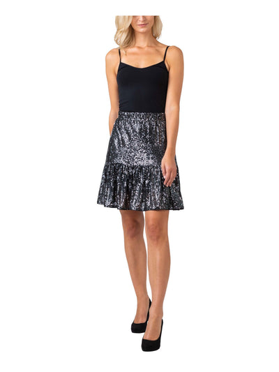 BELLDINI Womens Black Stretch Sequined Ruffled Short Party A-Line Skirt Plus 1X