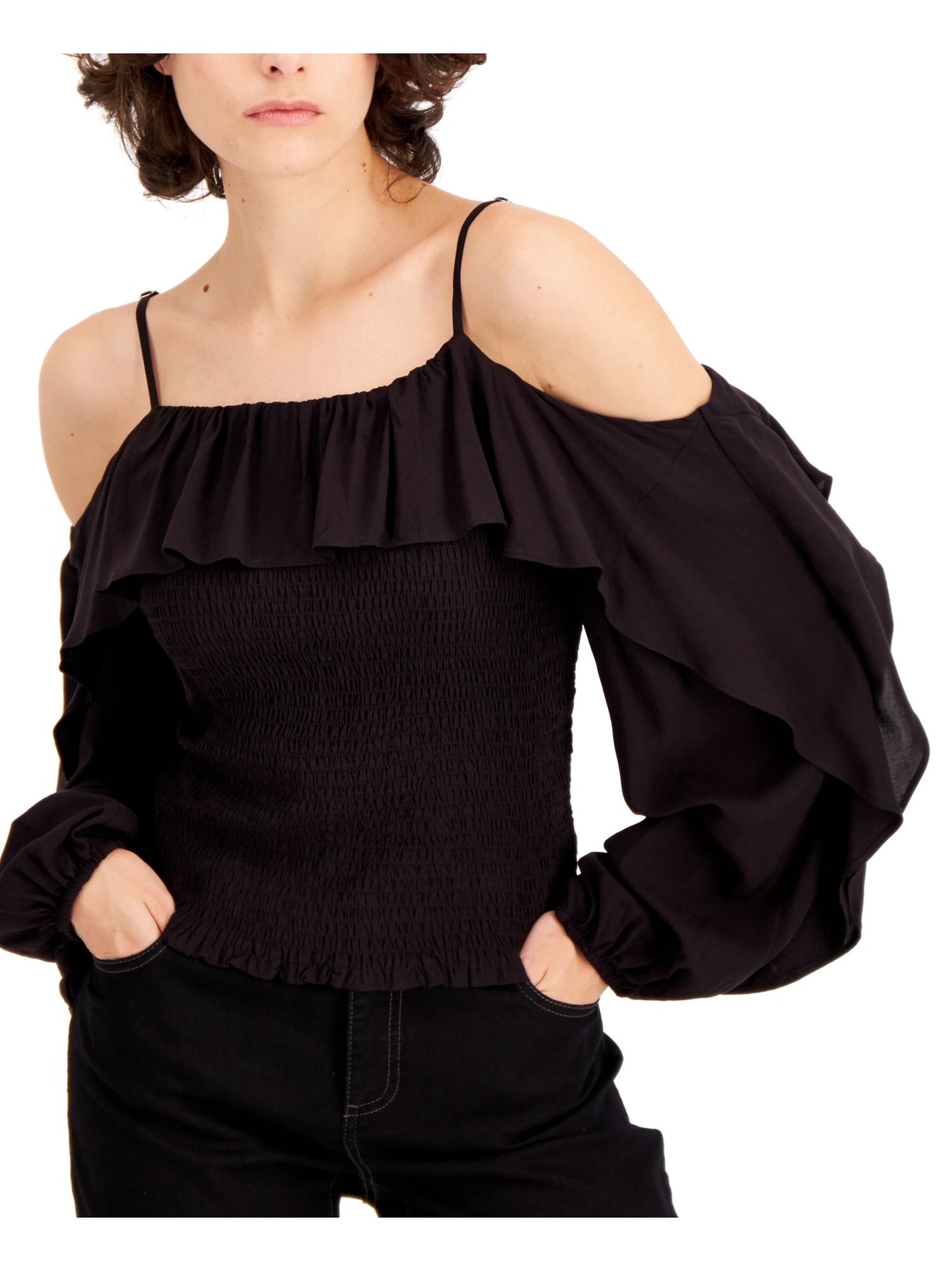 INC Womens Black Long Sleeve Off Shoulder Top Size: S